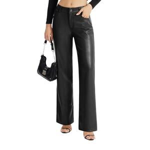 Womens Faux Leather Pants Wide Leg Elastic Zip Button High Waist  XL Soft Lining